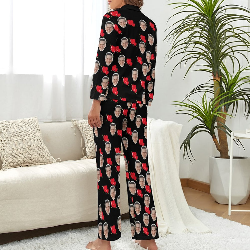 Custom Face Pajamas Boyfriend Heart Black Sleepwear Personalized Women's Long Pajama Set