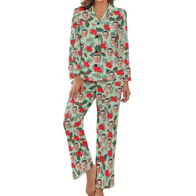 Custom Face Pajamas Leaves&Heart Green Sleepwear Personalized Women's Long Pajama Set