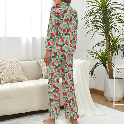 Custom Face Pajamas Leaves&Heart Green Sleepwear Personalized Women's Long Pajama Set