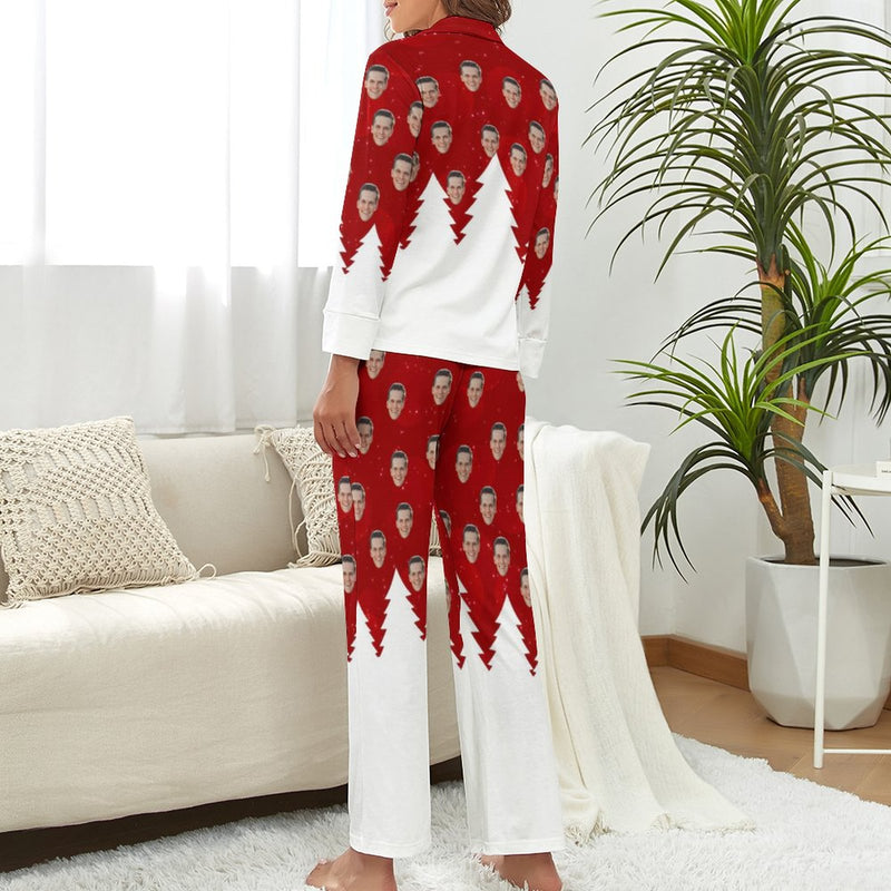 Custom Face Pajamas White Tree Red Sleepwear Personalized Women's Long Pajama Set