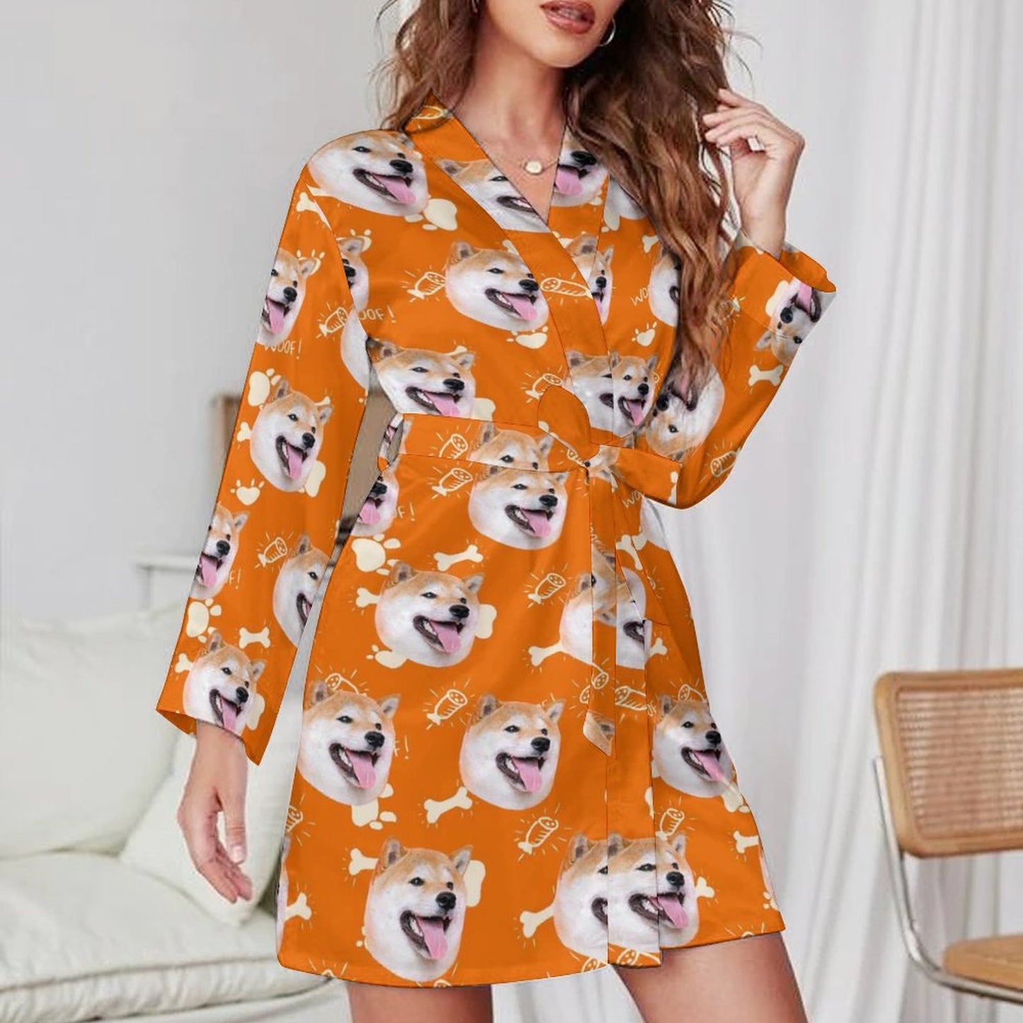 Custom Face Cute Pet Yellow Women's Nightwear Personalized Photo Pajamas Kimono Robe