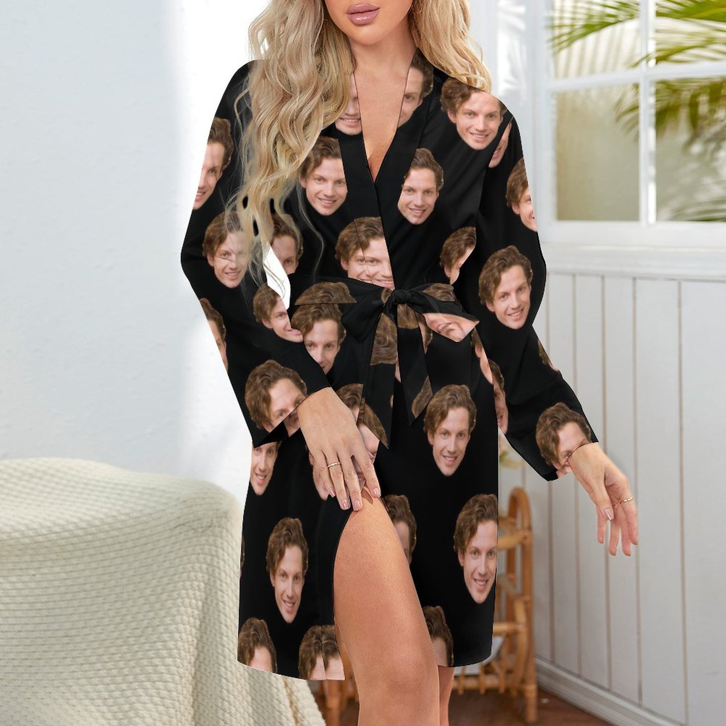 Custom Face Boyfriend Black Women's Nightwear Personalized Photo Pajamas Kimono Robe