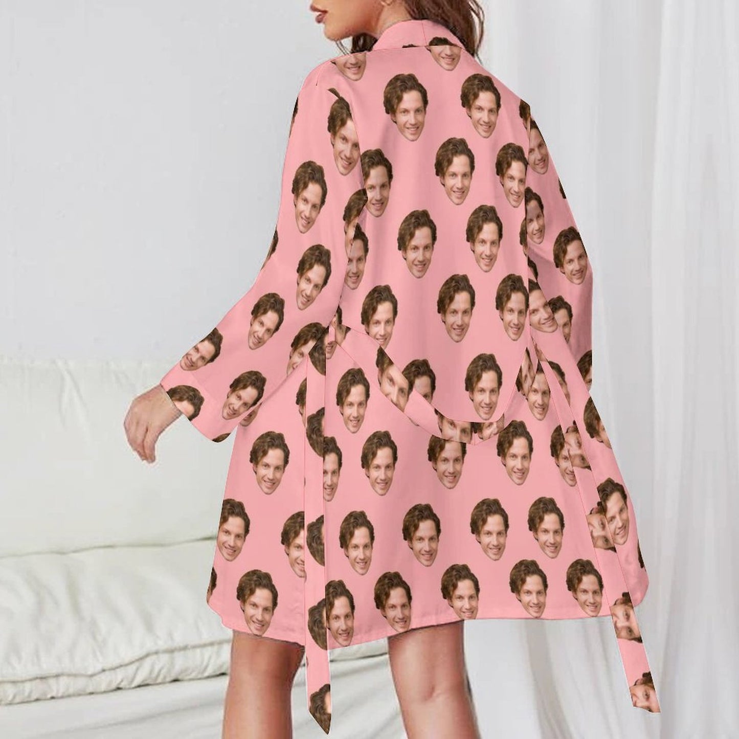 Custom Face Lover Pink Women's Nightwear Personalized Photo Pajamas Kimono Robe