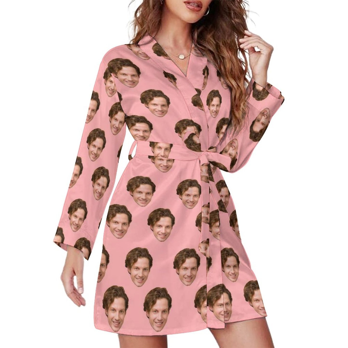 Custom Face Lover Pink Women's Nightwear Personalized Photo Pajamas Kimono Robe