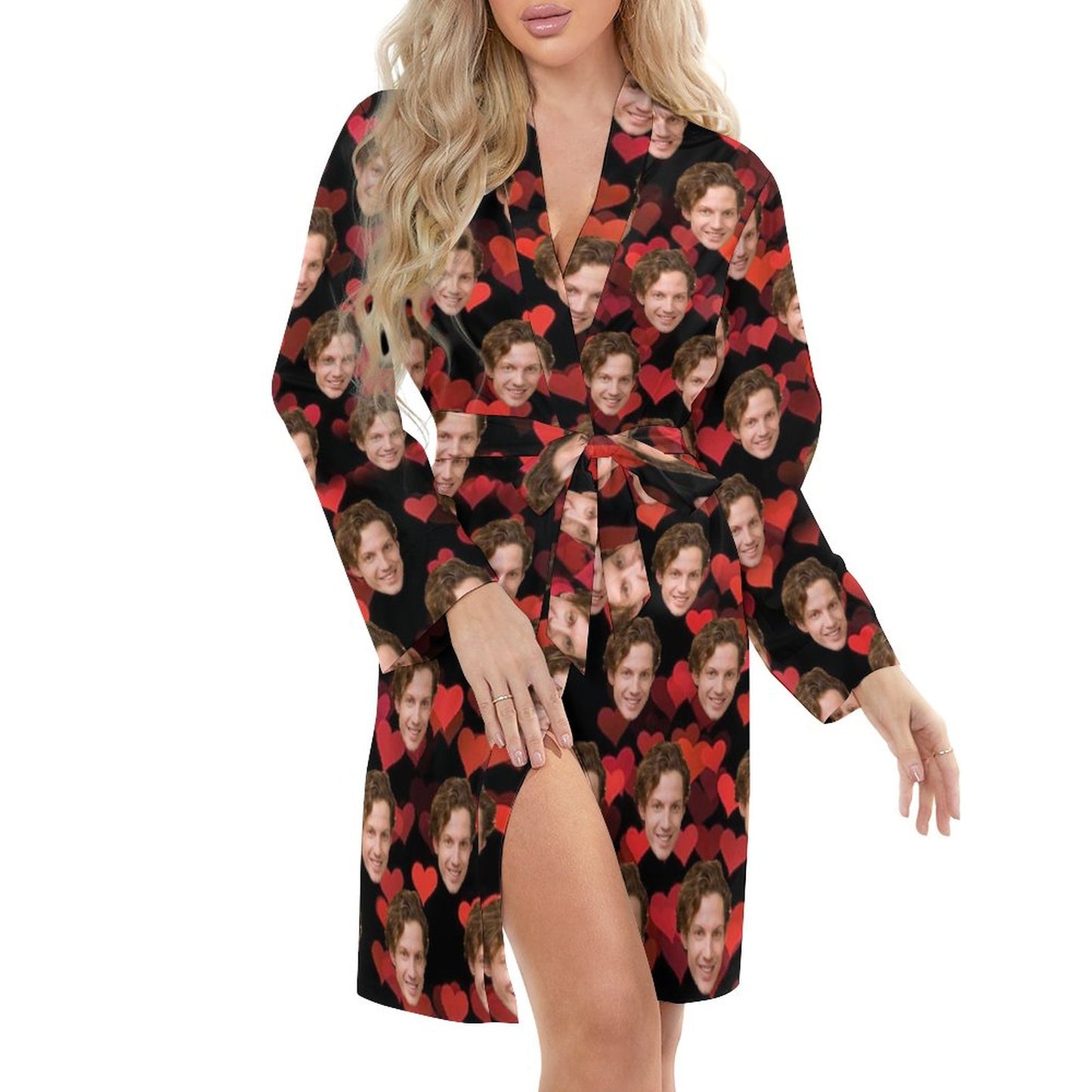 Custom Face My Boyfriend Red Heart Women's Nightwear Personalized Photo Pajamas Kimono Robe