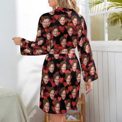 Custom Face My Boyfriend Red Heart Women's Nightwear Personalized Photo Pajamas Kimono Robe