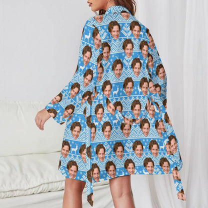 Custom Face Boyfriend Chrismas Blue Women's Nightwear Personalized Photo Pajamas Kimono Robe