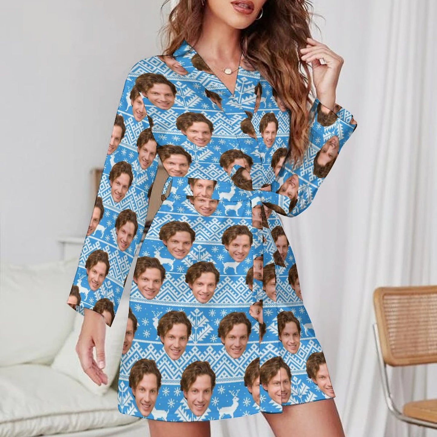 Custom Face Boyfriend Chrismas Blue Women's Nightwear Personalized Photo Pajamas Kimono Robe