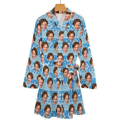 Custom Face Boyfriend Chrismas Blue Women's Nightwear Personalized Photo Pajamas Kimono Robe