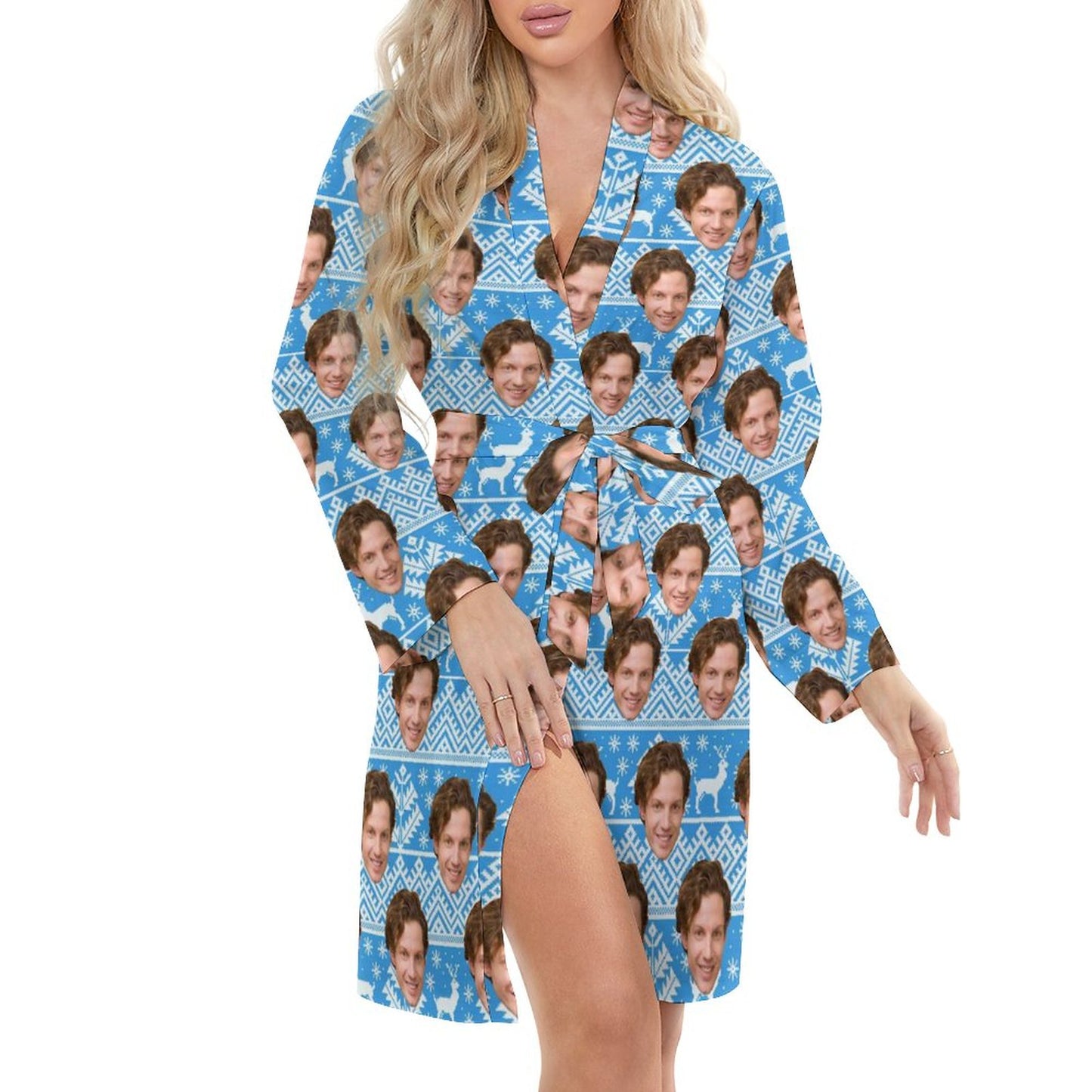 Custom Face Boyfriend Chrismas Blue Women's Nightwear Personalized Photo Pajamas Kimono Robe