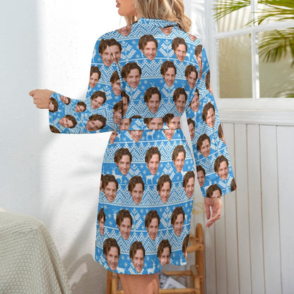 Custom Face Boyfriend Chrismas Blue Women's Nightwear Personalized Photo Pajamas Kimono Robe