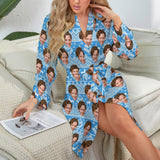 Custom Face Boyfriend Chrismas Blue Women's Nightwear Personalized Photo Pajamas Kimono Robe