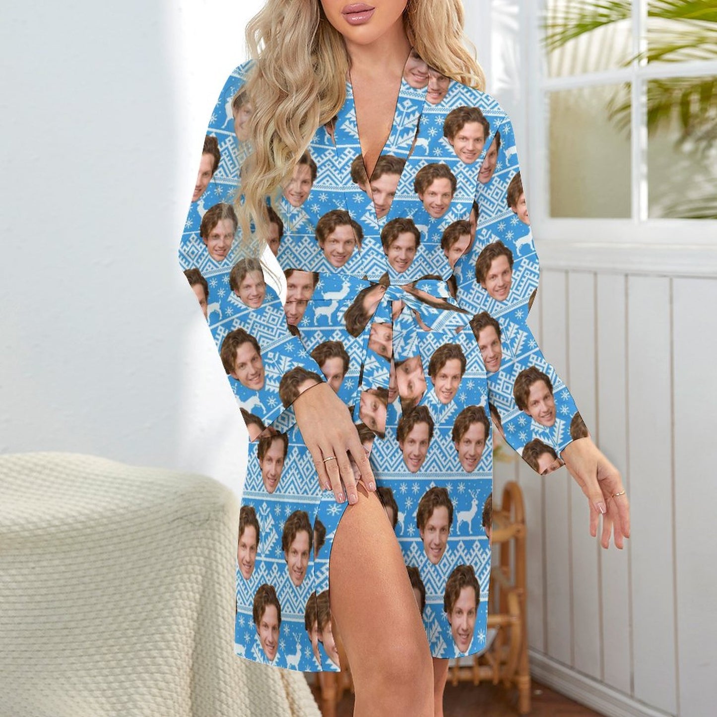 Custom Face Boyfriend Chrismas Blue Women's Nightwear Personalized Photo Pajamas Kimono Robe