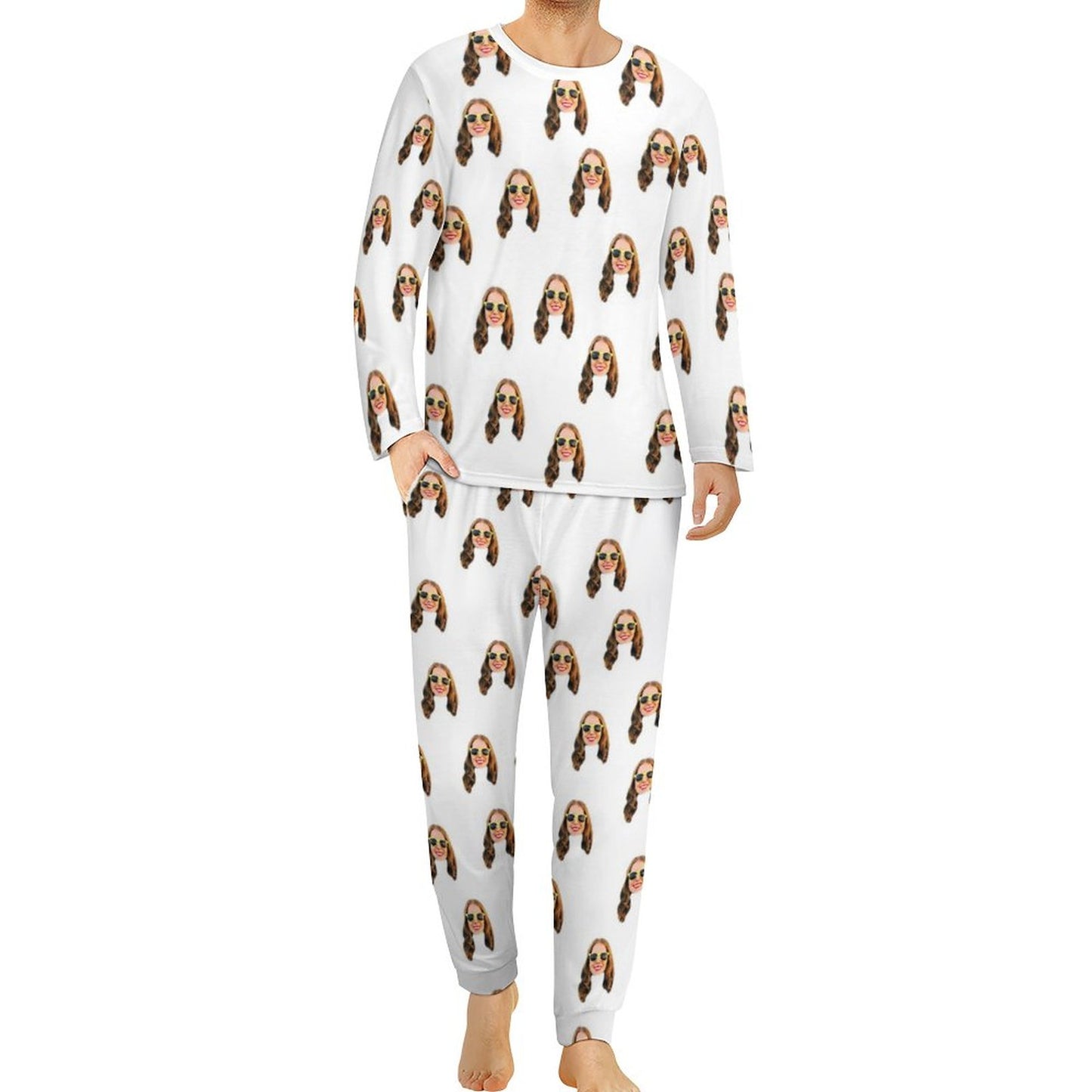 Custom Girlfriend's Face White Nightwear Long Sleeve Pjs for Him Personalized Photo Men's Pajamas