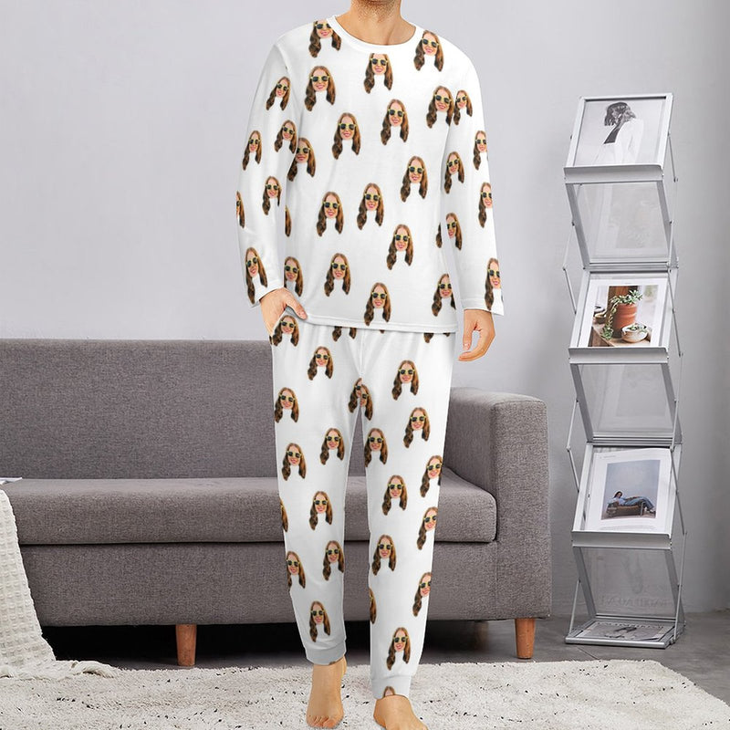 Custom Girlfriend's Face White Nightwear Long Sleeve Pjs for Him Personalized Photo Men's Pajamas