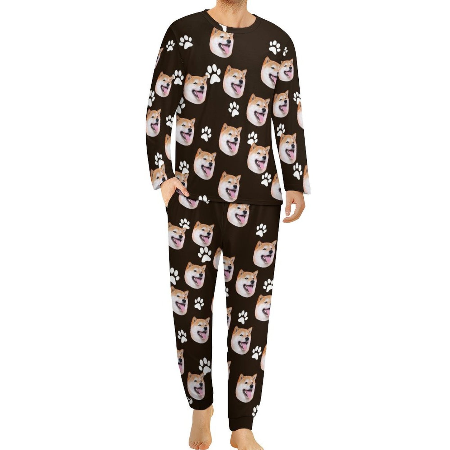 Custom Pet's Face Black Nightwear Long Sleeve Pjs for Him Personalized Photo Men's Pajamas