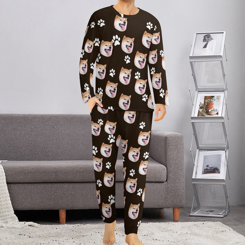 Custom Pet's Face Black Nightwear Long Sleeve Pjs for Him Personalized Photo Men's Pajamas