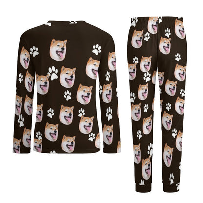 Custom Pet's Face Black Nightwear Long Sleeve Pjs for Him Personalized Photo Men's Pajamas