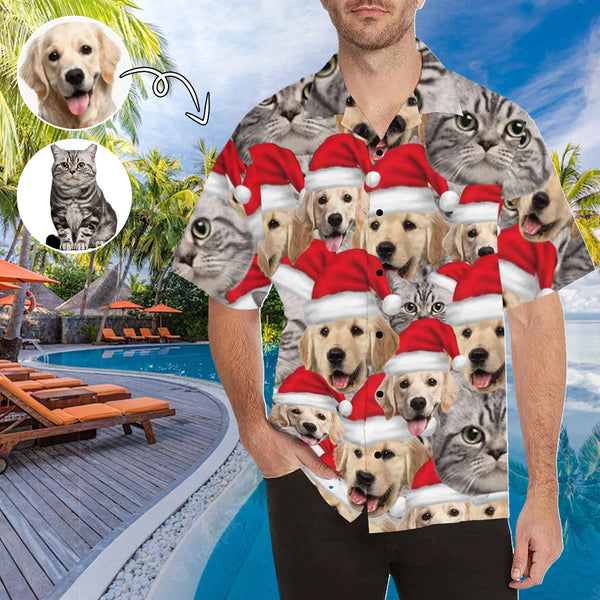 Custom Face Pet Red Christmas Hat Men's All Over Print Hawaiian Shirt