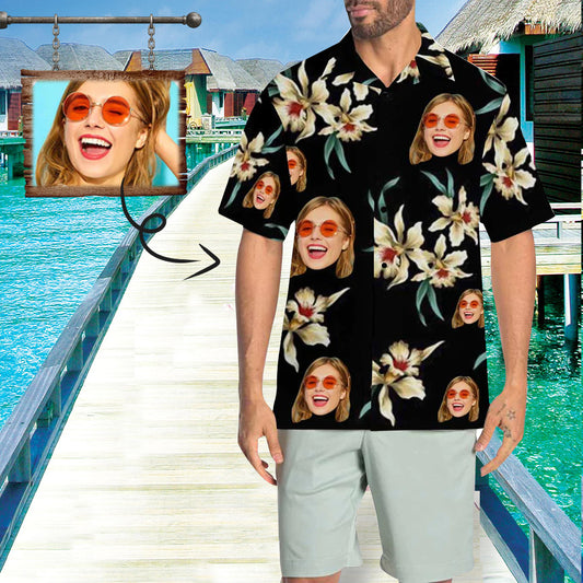 Custom Face Black Men's All Over Print Hawaiian Shirt