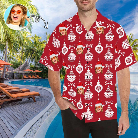 Custom Face Red Christmas Light Men's All Over Print Hawaiian Shirt