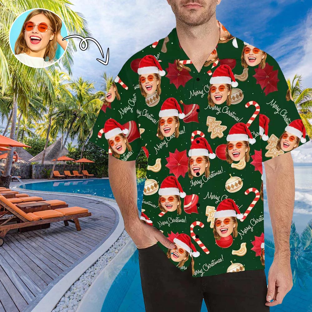 Custom Face Candy Cane Christmas Men's All Over Print Hawaiian Shirt