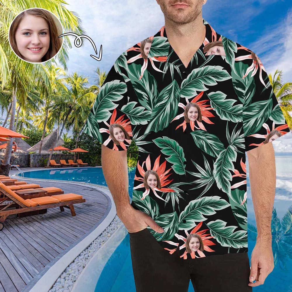 Custom Face Red Flowers Green Leaves Men's All Over Print Hawaiian Shirt