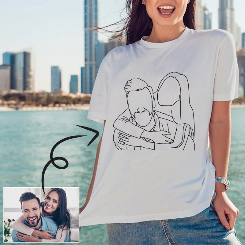 Custom Portrait Outline Shirt, Line Art Photo Shirt For Female, Custom Women's All Over Print T-shirt, Photo Outline Outfit For Couple