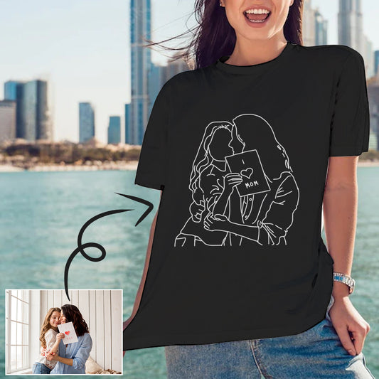 Custom Portrait Outline Shirt, Line Art Photo Shirt For Female, Custom Women's All Over Print T-shirt, Photo Outline Outfit For Mother and Daughter