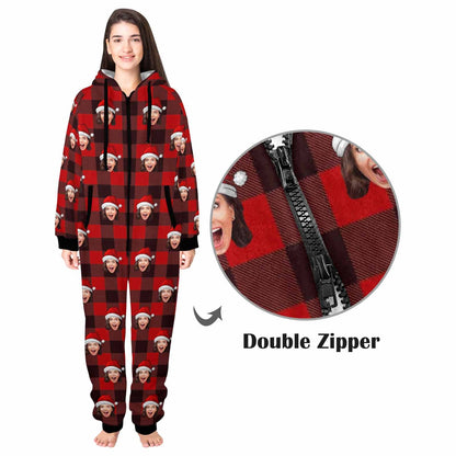 Custom Face Red Plaid Onesie Pajamas Flannel Fleece Adult Jumpsuit Homewear