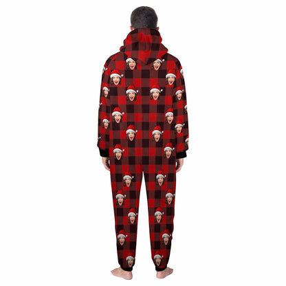 Custom Face Red Plaid Onesie Pajamas Flannel Fleece Adult Jumpsuit Homewear