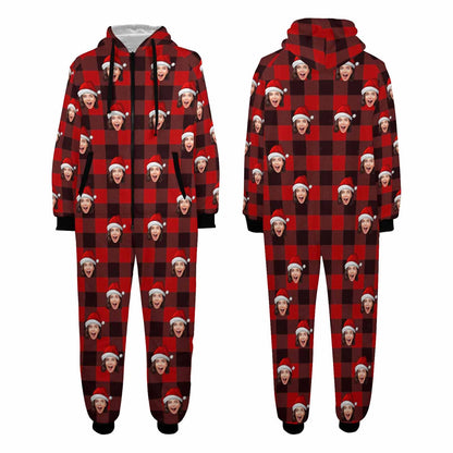 Custom Face Red Plaid Onesie Pajamas Flannel Fleece Adult Jumpsuit Homewear