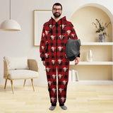 Custom Face Red Plaid Onesie Pajamas Flannel Fleece Adult Jumpsuit Homewear