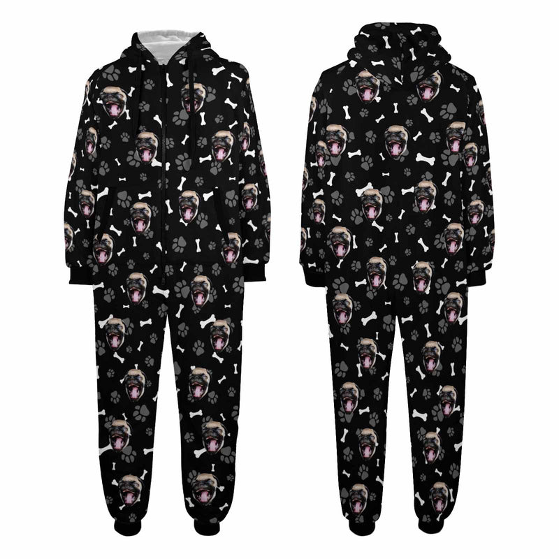 Custom Pet Face Dog Bones Onesie Pajamas Flannel Fleece Adult Jumpsuit Homewear