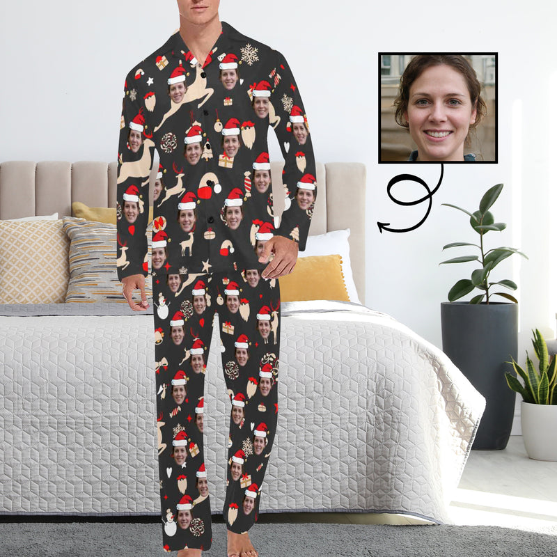 Custom Face Pajamas Elk&Gift Black Sleepwear Personalized Men's Long Pajama Set