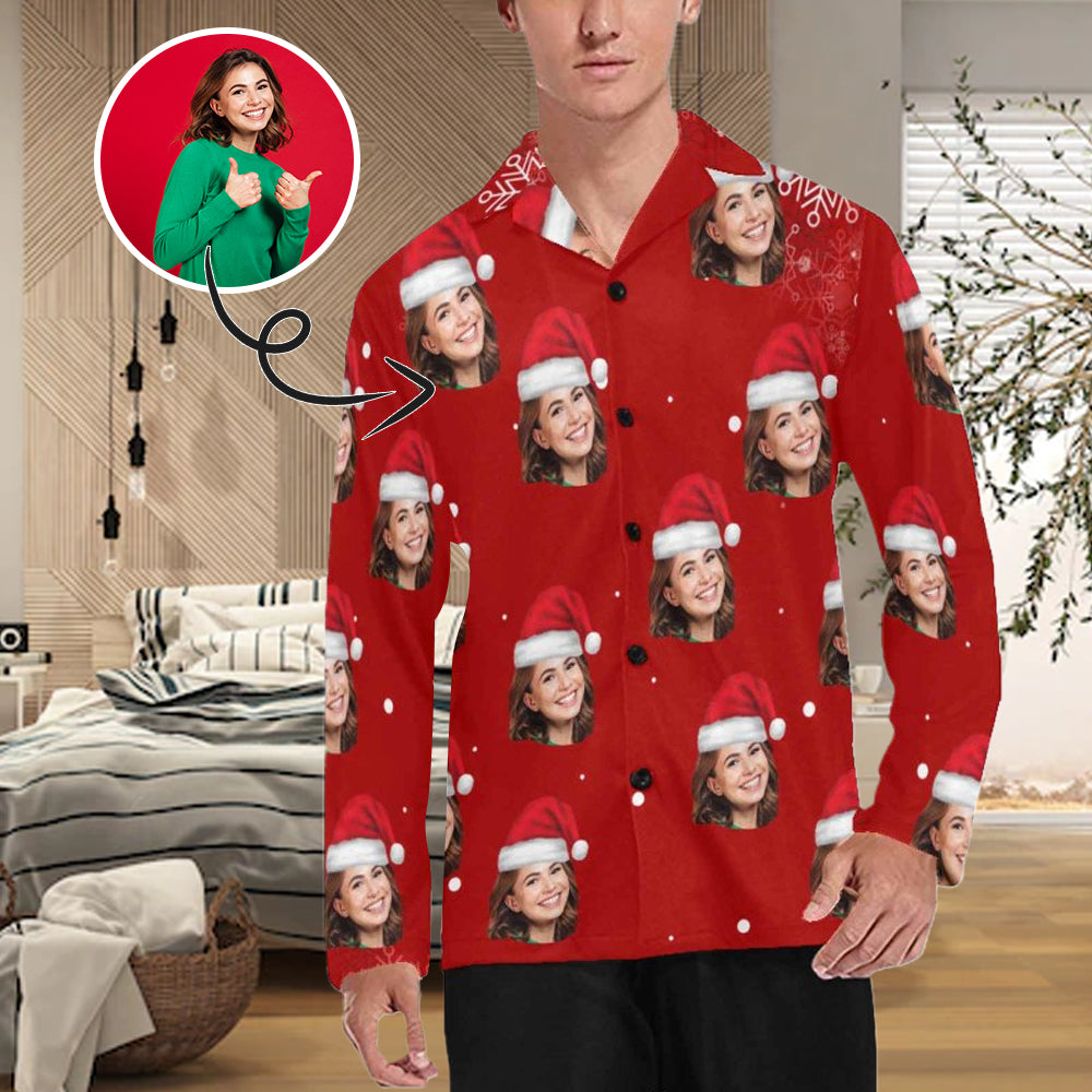 Pajama Shirt-Custom Face Pajamas Christmas Men's Sleepwear Personalized Photo Men's V-Neck Long Pajama Top