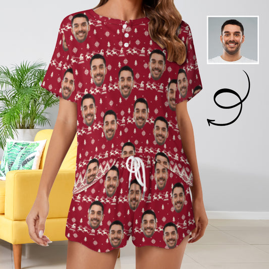 Custom Face Christmas Elk&Snowflake Red Print Pajama Set Women's Short Sleeve Top and Shorts Loungewear Athletic Tracksuits