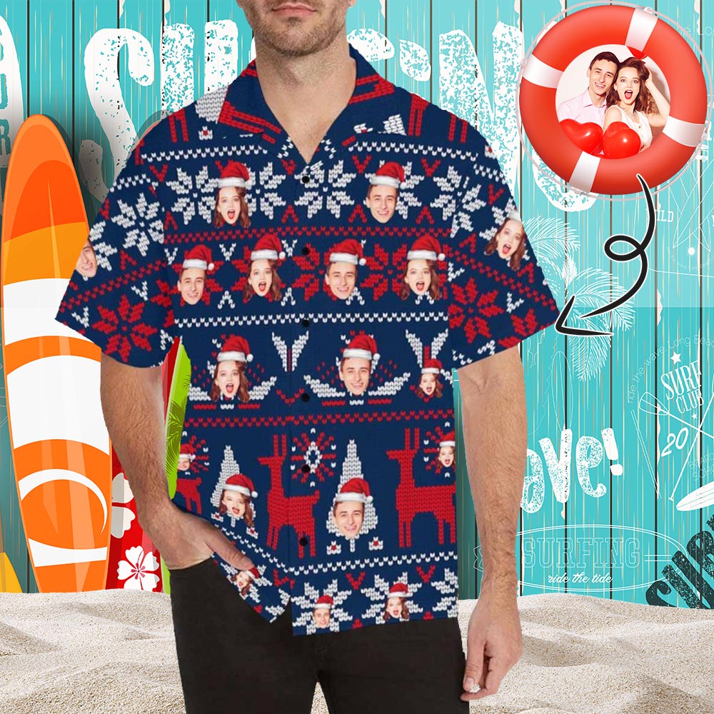 Custom Face Christmas Men's All Over Print Hawaiian Shirt, Personalized Aloha Shirt With Photo Summer Beach Party As Gift for Vacation