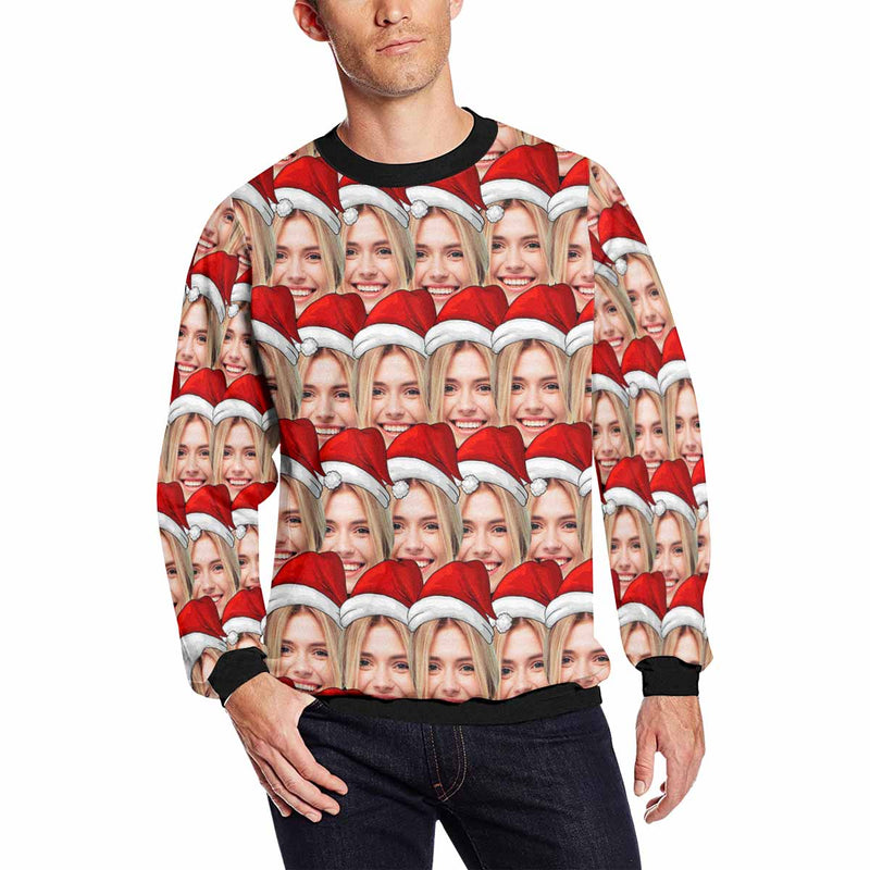 Personalized Christmas Hat With Face, Custom Photo Men's All Over Print Crewneck Sweatshirt