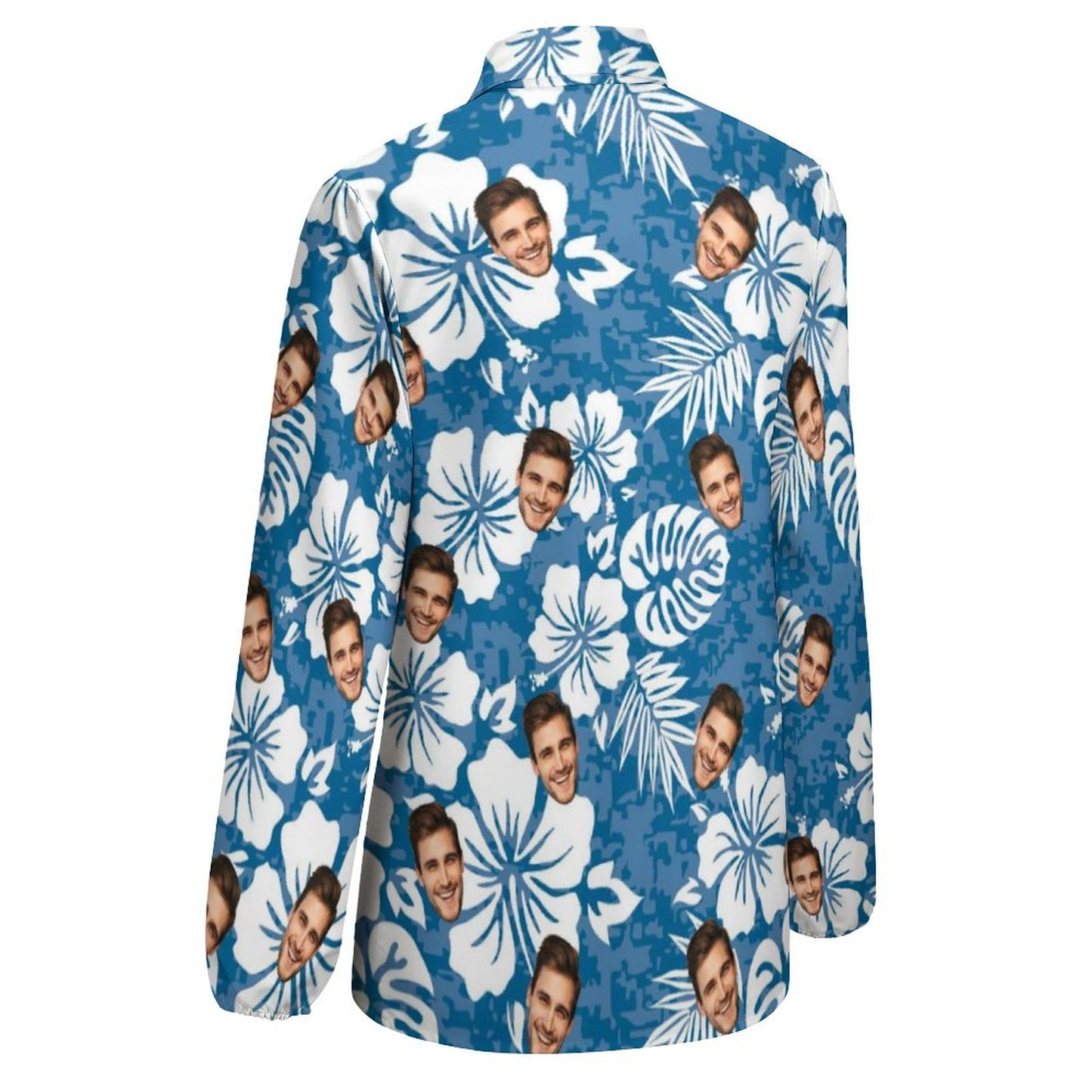 Custom Face Blue Background White Leaves Vntage Casual Long Sleeve Hawaiian Shirts