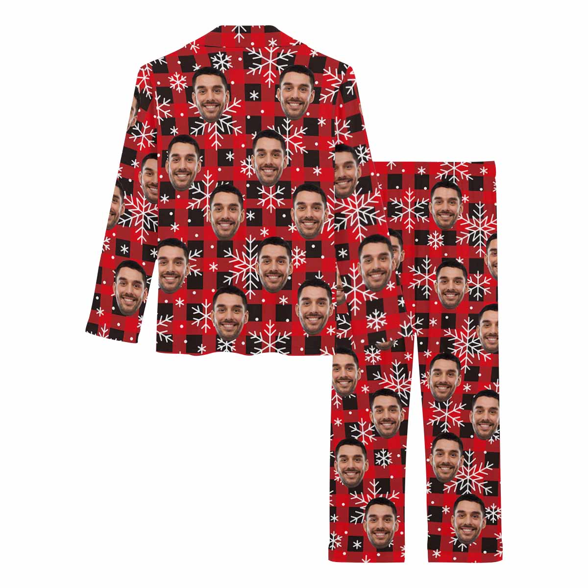 Custom Face Pajamas Black&Red Lattice Snowflake Sleepwear Personalized Women's Long Pajama Set