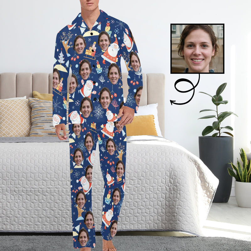 Custom Face Pajamas Santa Claus Colorful Sleepwear Personalized Men's Long Pajama Set
