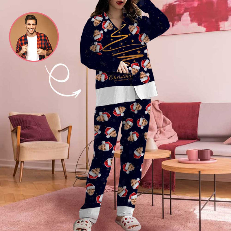 Custom Face Christmas Light Stars Women's Long Pajama Set