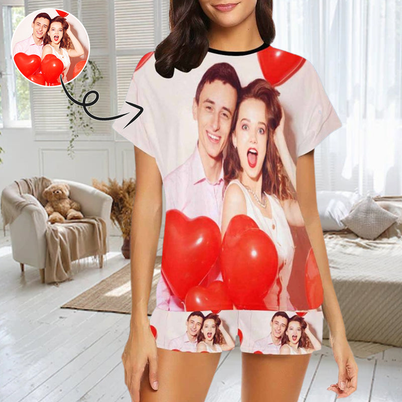 Custom Face Pajamas Heart Balloon Sleepwear For Her Personalized Women's Short Pajama Set