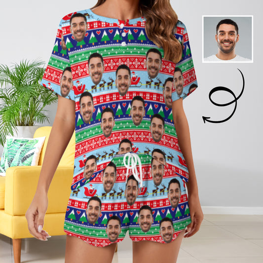 Custom Face Colorful Christmas Print Pajama Set Women's Short Sleeve Top and Shorts Loungewear Athletic Tracksuits