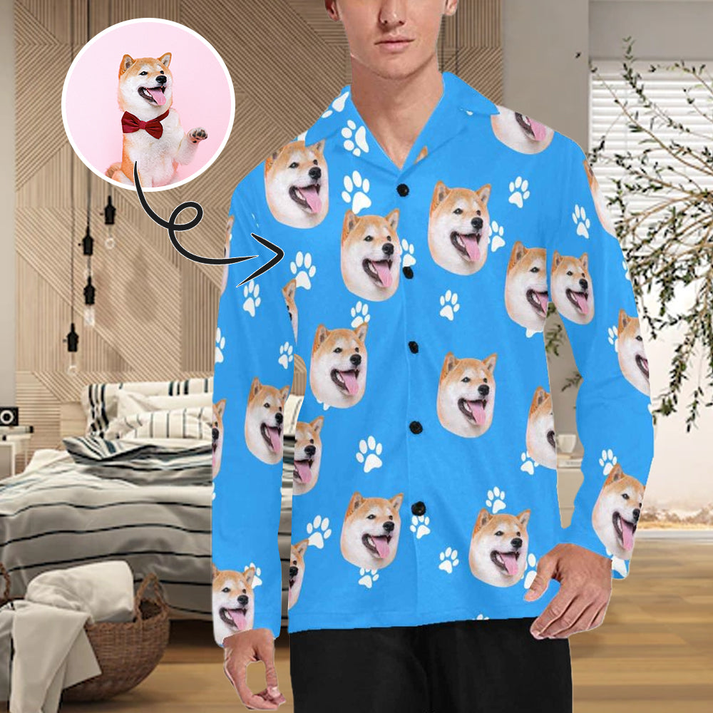 Pajama Shirt-Custom Pet's Face Pajamas Men's Sleepwear Personalized Photo Men's V-Neck Long Pajama Top