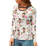 Custom Face Flowers White Women's Cutout Long Sleeve Top T-shirt