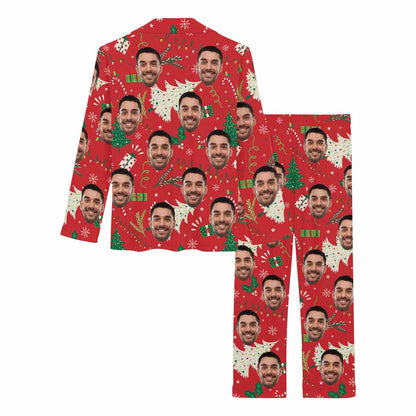 Custom Face Pajamas Christmas Tree Red Sleepwear Personalized Women's Long Pajama Set