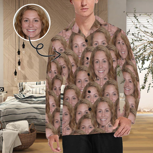 Pajama Shirt-Custom Girlfriend's Face Pajamas Men's Sleepwear Personalized Photo Men's V-Neck Long Pajama Top