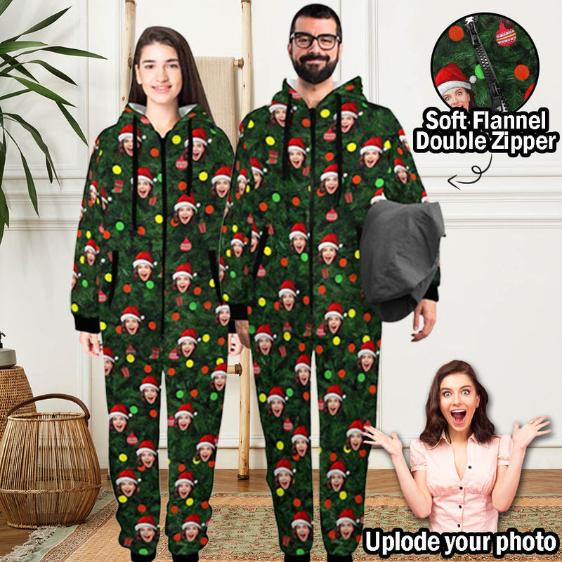 Custom Face Green Christmas Tree Onesie Pajamas Flannel Fleece Adult Jumpsuit Homewear